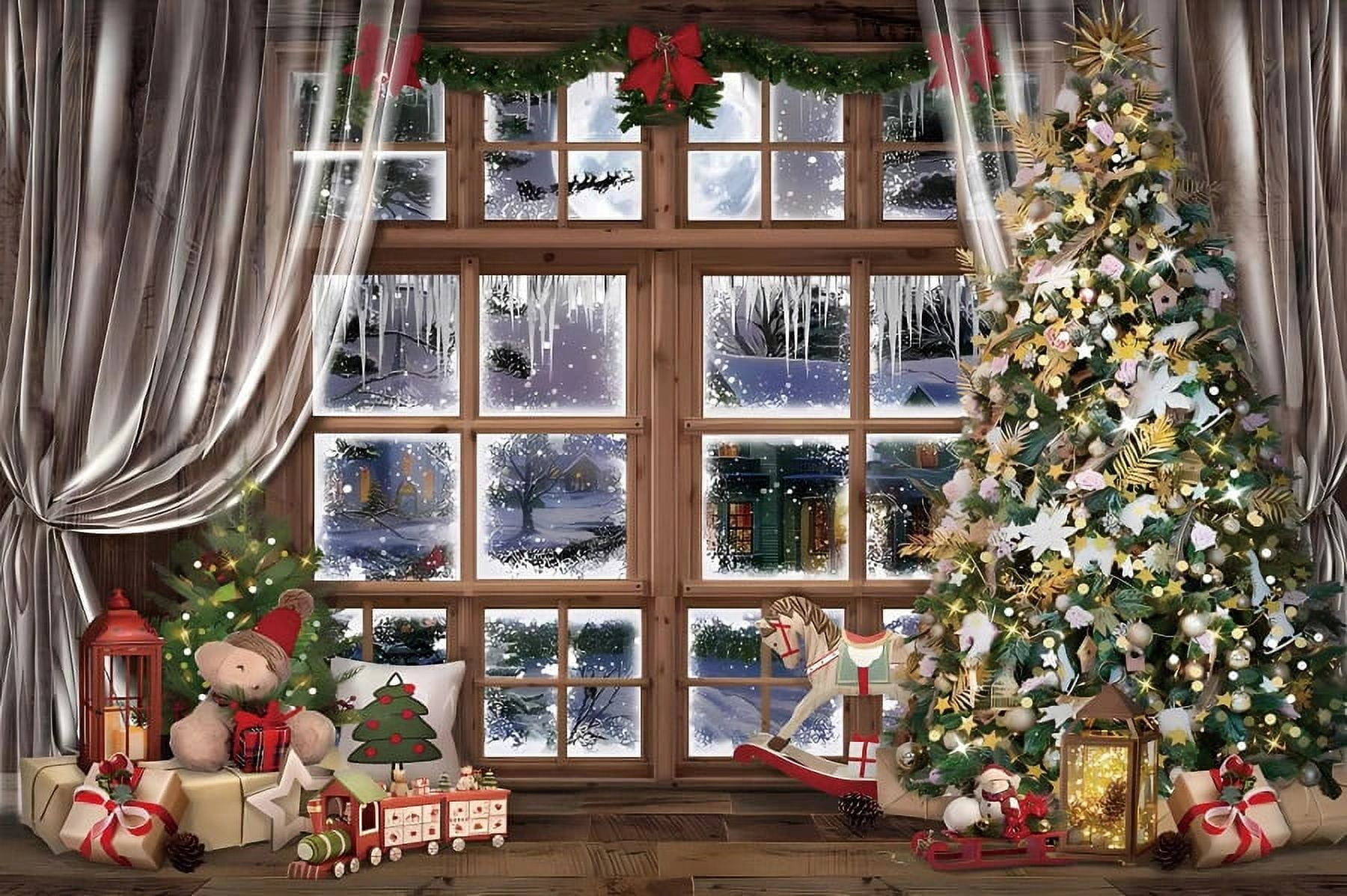 DORCEV 10x7ft Winter Christmas Window View Photo Backdrop Merry Christmas Glitter Christmas Tree Snowflakes Background Forest Cedar Wonderland Newborn Baby Shower Birthday Party Party Decorations