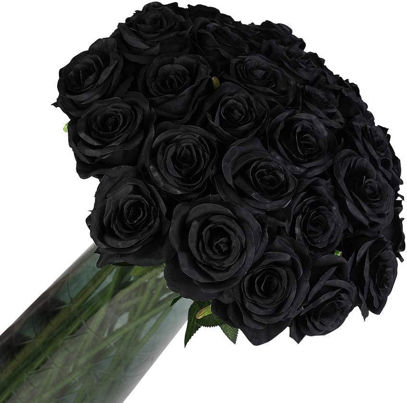 Laelfe 12 PCS Artificial Flowers Black Roses, Fake Silk Flower Long