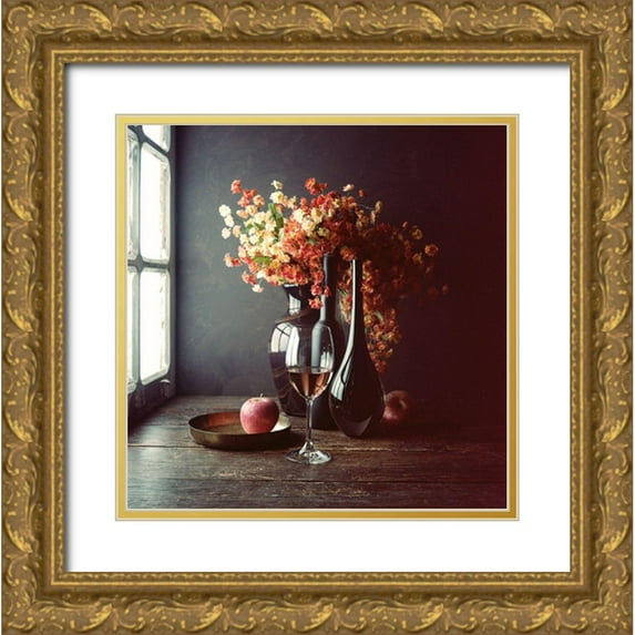 Laercio, Luiz 26x26 Gold Ornate Wood Framed with Double Matting Museum Art Print Titled - Still Life With Wine And An Apple
