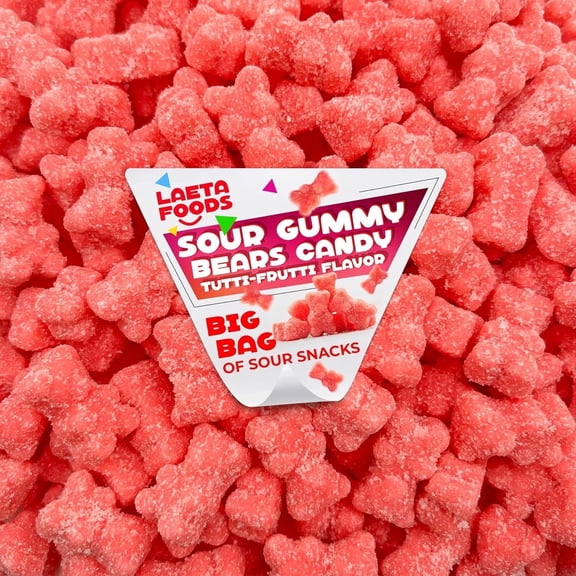 Sour Gummy Bears Candy, Tutti-Frutti Flavor, Pink Sugar-Coated Teddies, 1 Pound Bag