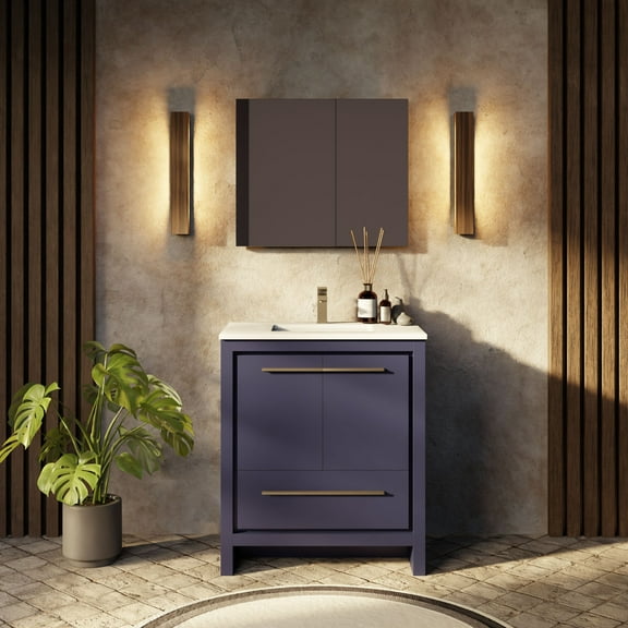 Lafarre 30 in W Navy Blue Vanity, Cultured Marble Top, Chrome Faucet Set & 28 in Mirror