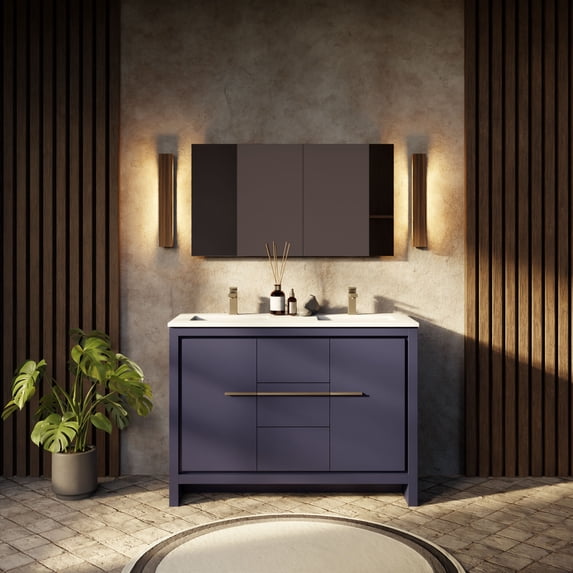 Lafarre 48 in W Navy Blue Double Bath Vanity, Cultured Marble Top and 43 in Mirror