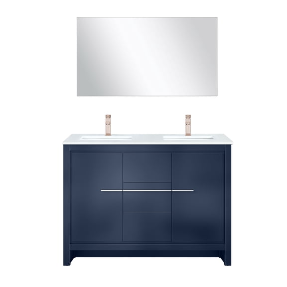 Lafarre 48 in W Navy Blue Double Vanity, White Quartz Top, Faucet Set & 43 in Mirror