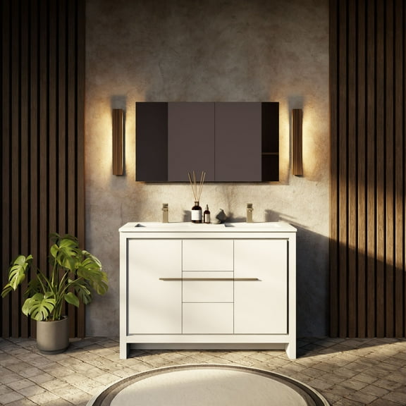 Lafarre 48 in W White Double Vanity, White Quartz Top, Chrome Faucet Set & 43 in Mirror