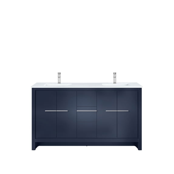 Lafarre 60 in W Navy Blue Double Bath Vanity, White Quartz Top and Chrome Faucet Set