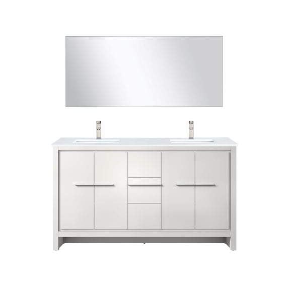 Lafarre 60 in W White Double Vanity, White Quartz Top, Faucet Set & 55 in Mirror
