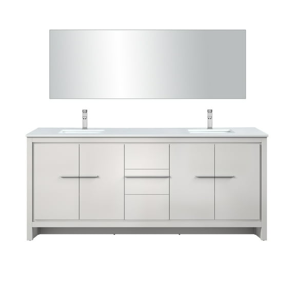 Lafarre 80" W White Double Vanity, Cultured Marble Top, Gun Metal Faucet Set & 70" Mirror