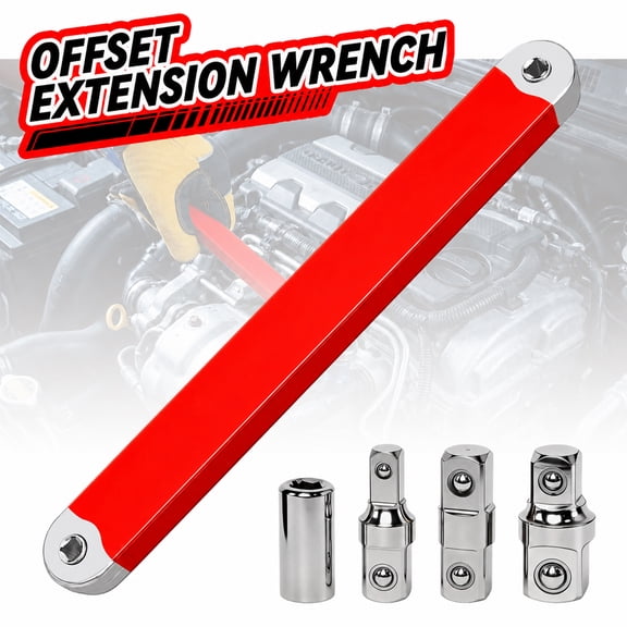 Lafati 15.4" Offset Extension Wrench Set - Impact Ready Zero-Degree Reach Tool, Includes 1/4", 3/8", 1/2" Drive Adapters, Heavy-Duty High Carbon Steel for Automotive Repairs in Tight Spaces(RED)