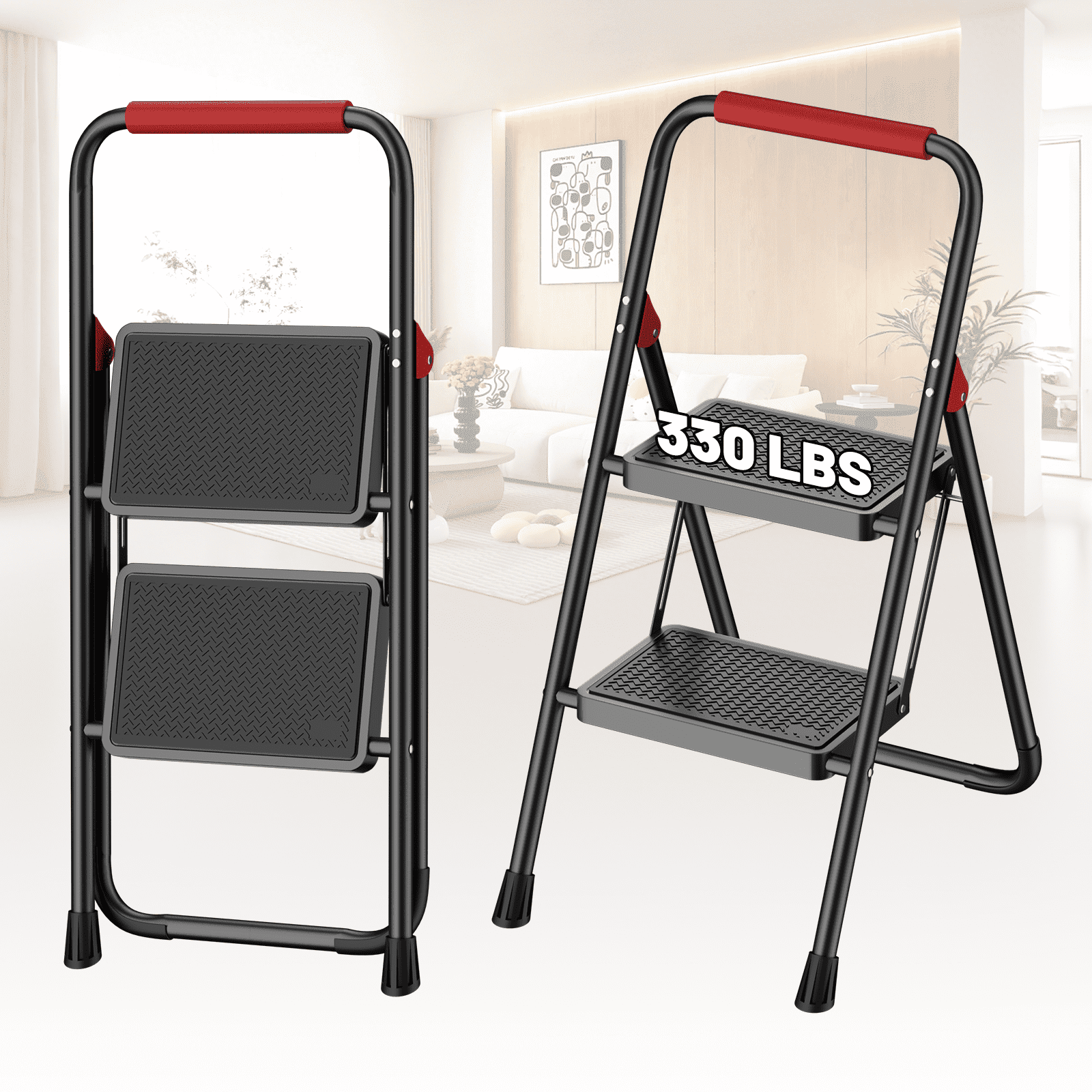 Lafati 2 Step Folding Step Stool for Adults, Heavy Duty Steel Ladder with Anti-Slip Pedals & Auto-Lock, 330 lbs Capacity, Space Saving for Kitchen, Bathroom, Closet