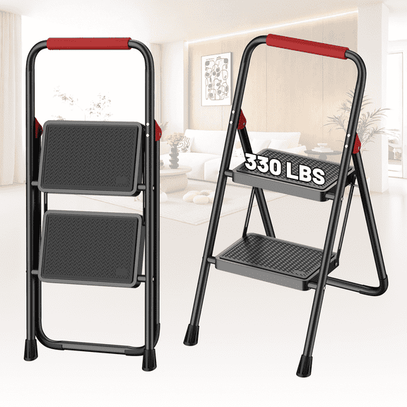 Lafati 2 Step Folding Step Stool for Adults, Heavy Duty Steel Ladder with Anti-Slip Pedals & Auto-Lock, 330 lbs Capacity, Space Saving for Kitchen, Bathroom, Closet