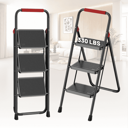 Lafati 3 Step Folding Step Stool for Adults, Heavy Duty Steel Ladder with Anti-Slip Pedals & Auto-Lock, 330 lbs Capacity, Space Saving for Kitchen, Bathroom, Closet