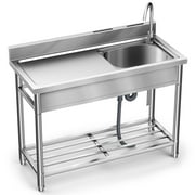 Lafati 304 SUS Stainless Steel Utility Sink - 47-Inch Free Standing Single Bowl Sink with Cold & Hot Water Faucet and Undershelf