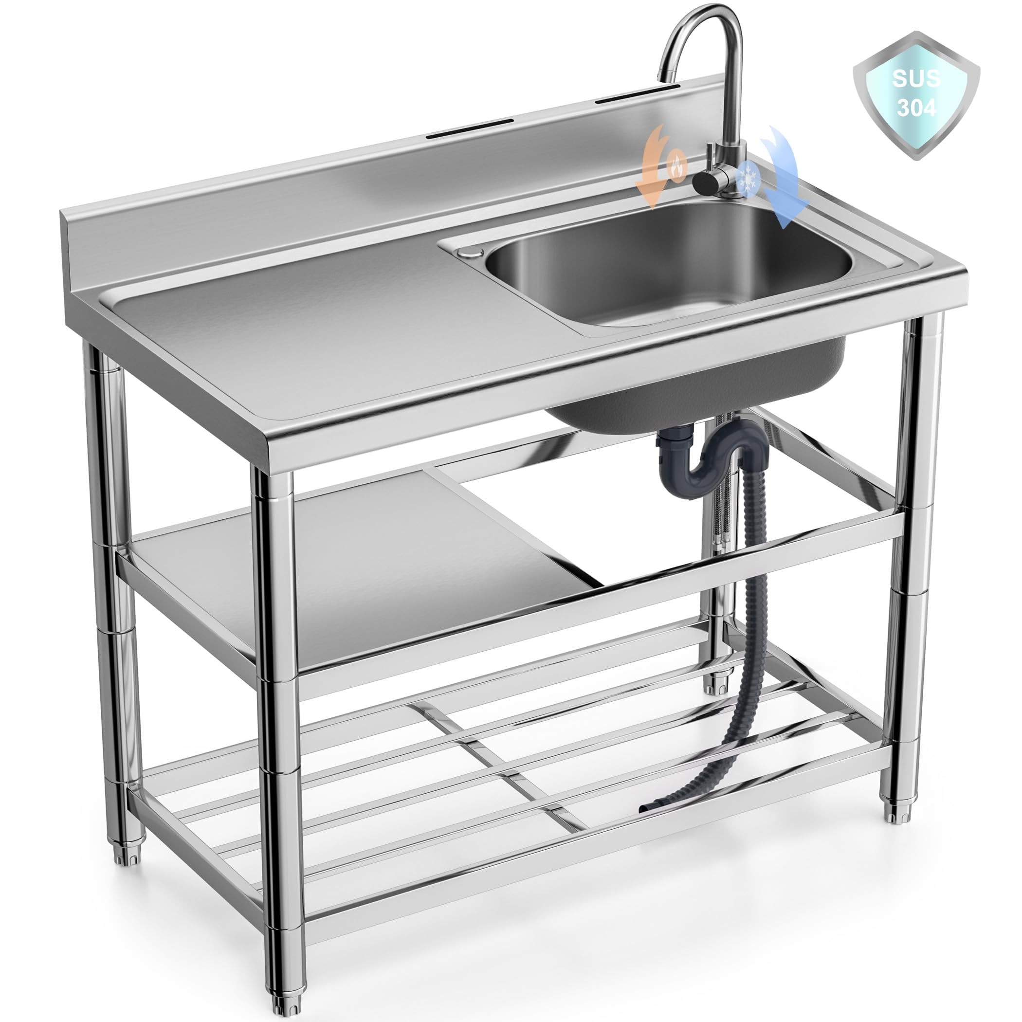 Lafati 304 Stainless Steel Freestanding Utility Sink Set - 39.5" Single Bowl with Faucet, Drainboard & Adjustable Feet for Outdoor, Garden, Garage, and Commercial Use