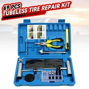 69 Pcs Tire Repair Kit,Heavy-Duty Universal Plug & Patch Kit for Tubeless Tires, with T-Handle Tool for Car, Truck, Motorcycle, RV and Mores