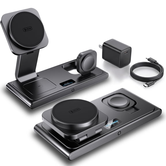 3-in-1 25W Charging Station - 25W Magnetic Wireless Foldable Fast Charger with Digital Power Display & 45W Adapter, Visible Charging Hub for iPhone 16/15/14/13 Pro Max, Apple Watch, AirPods