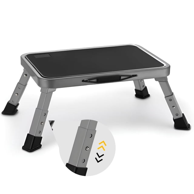 Lafati RV Step Stool Folding Platform Step, Gray Stainless Steel, for RV, Motorhome, Trailer, SUV, Camper, with Anti-Slip Surface, Rubber Feet, 1 Piece
