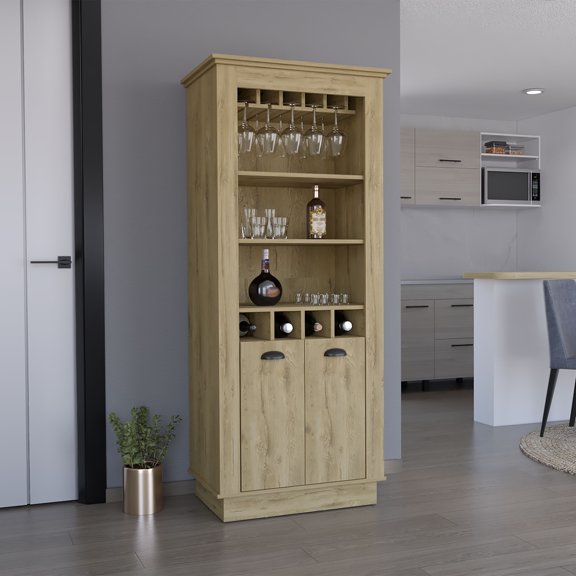 Lafayette Bar Cabinet with 4-Bottle Rack, Upper Glass Holder and Dual Door Design