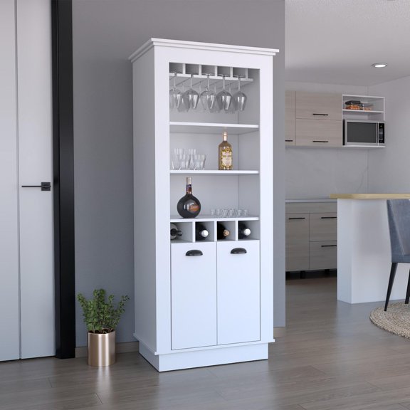 Lafayette Bar Cabinet with 4-Bottle Rack, Upper Glass Holder and Dual Door Design White