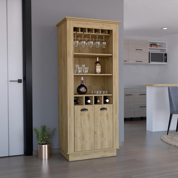 Lafayette Bar Cabinet with 4-Bottle Rack, Upper Glass Holder and Dual Door Design Macadamia