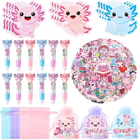 Laffact 12Set Axolotl Stationery Party Gift,4-in-1 Axolotl Pens Sticky Note Stickers Yarn Bag for Party Goodie Bag Fillers
