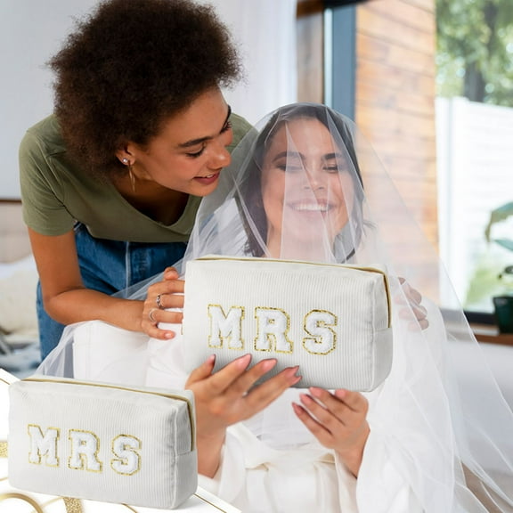 Laffact Bride MRS Patch Corduroy Cosmetic Bag, 1Pc White Makeup Bag with Zipper