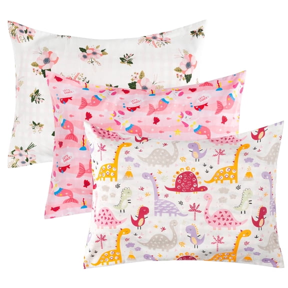 Laffact Cotton Pillowcase,Soft Flower Dinosaur Print Pattern Pillow Cover,3 Count