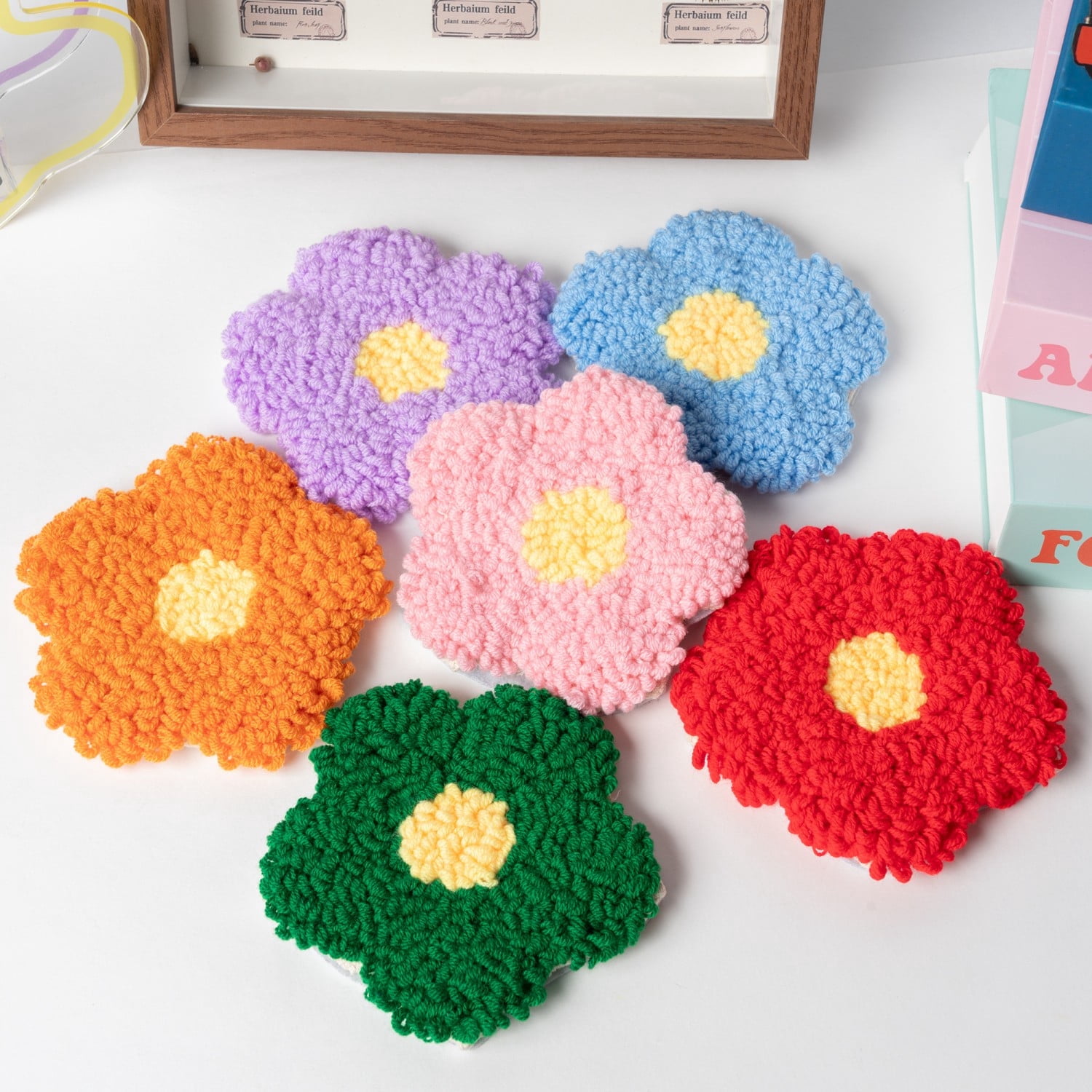 Laffact DIY Flower Punch Needle Coaster Craft Kits for Beginners,Flower Patterns Coaster Tufted Rug Pads,Colorful