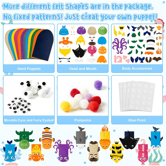 Laffact DIY Under The Sea Animals Hand Puppet Kit,Making Octopus /Crab Puppet for Party Handmade Craft Storytelling Prop,12pcs