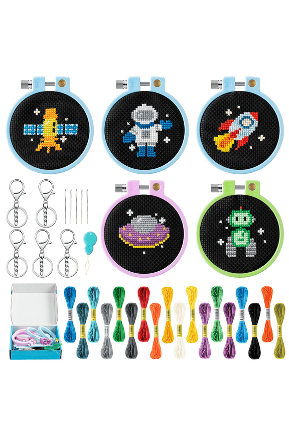 Diy Space Cross Stitch Keychain for Beginner,Making a Outer Space Theme Pendant for Embroidery Enthusiasts Teaching Supplies