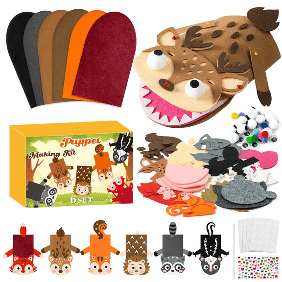 Laffact Making Woodland Animals Puppet for Fall Party Game, DIY Foxe Squirrel  Hand Puppet Gift Box Kit,6 Pack