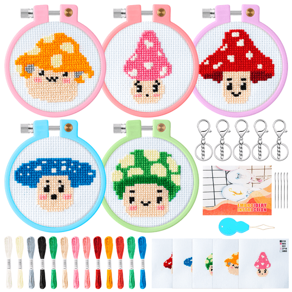 Laffact Mushroom Cross Stitch Diy Keychain for Beginner Embroidery Enthusiasts,Sewing Mushroom Needlepoint Handmade Craft