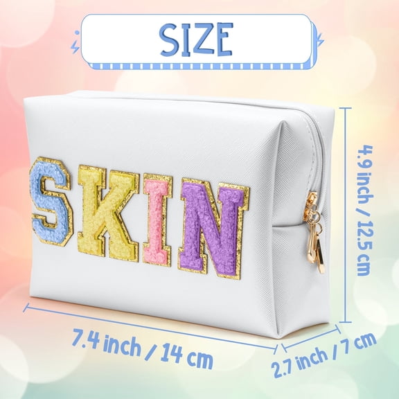 Laffact Waterproof PU Leather Cosmetic Toiletry Bag with Zipper, White, 1 Piece