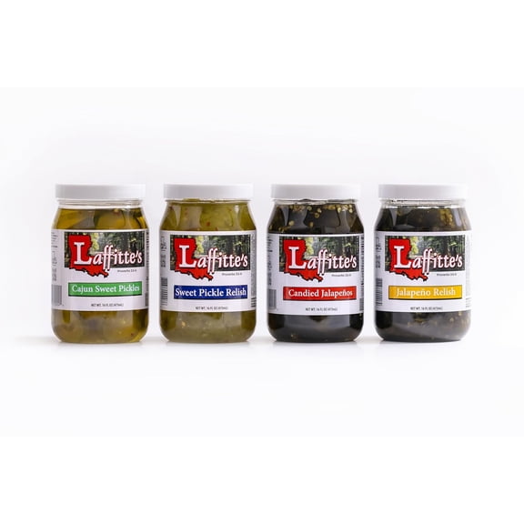 Laffittes Cajun Foods Gift Basket 4 Pack Sweet & Spicy Pickles and Relish (16oz Each) | Candied Jalapeos, Jalapeo Relish, Sweet Pickle Relish & Cajun Pickles | Gourmet BBQ Food Gift Set