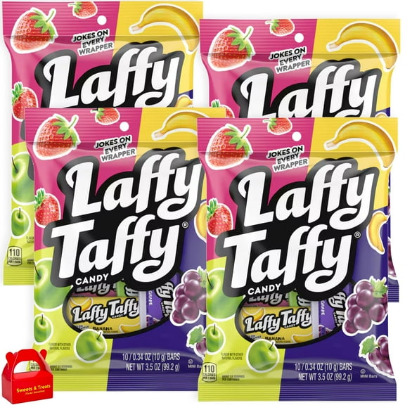 Laffy Taffy Candy Mix Banana Sour Apple Grape Flavors 4 Bags - Individually Wrapped Chewy Fruit Taffy - Party Favor Halloween Treat Kids Birthday Gift Holiday Stocking Stuffer - 14 oz Total