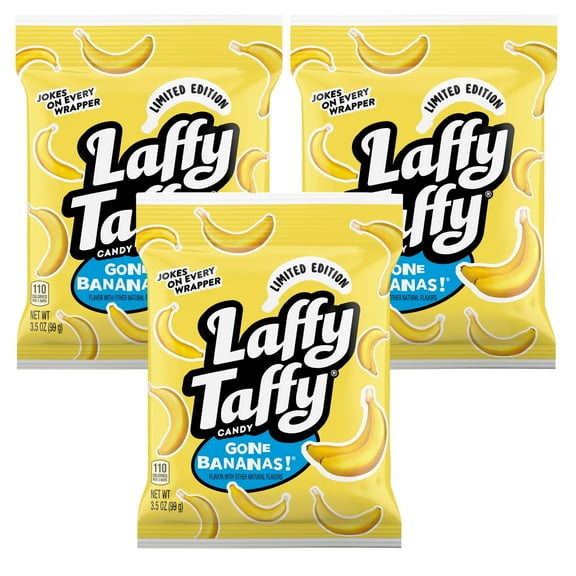 Laffy Taffy Gone Bananas Candy Chewy Texture Stretchy Fruit Flavors Candies for Snacks Dessert Movie Nights Travel Home Office Candy Bowl Pinata Summer Pool Birthday Party Favor 3.5oz. Pack of 3