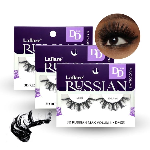 Laflare 3D False Eyelashes Russian Max volume Strip Lashes Fluffy, Wispy, Lightweight | Faux Mink Eyelashes Extension D Curl Wispy Handmade Soft Reusable 3 Packs Value Combo.
