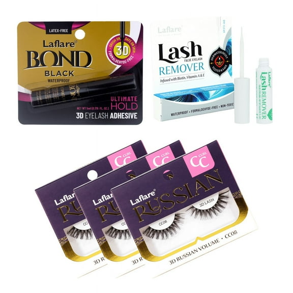 Laflare 3D Russian (MAX) Volume Wispy, Fluffy, Dramatic, Lightweight, Handmade CC Curl Lashes 3 Packs with lash Adhesive and Remover All In One Complete Kit