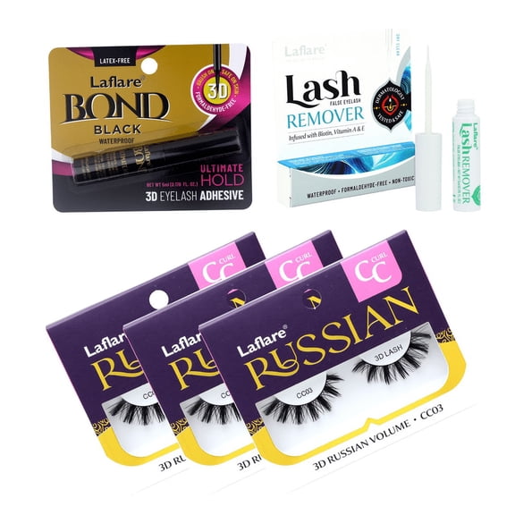 Laflare 3D Russian (MAX) Volume Wispy, Fluffy, Dramatic, Lightweight, Handmade CC Curl Lashes 3 Packs with lash Adhesive and Remover All In One Complete Kit