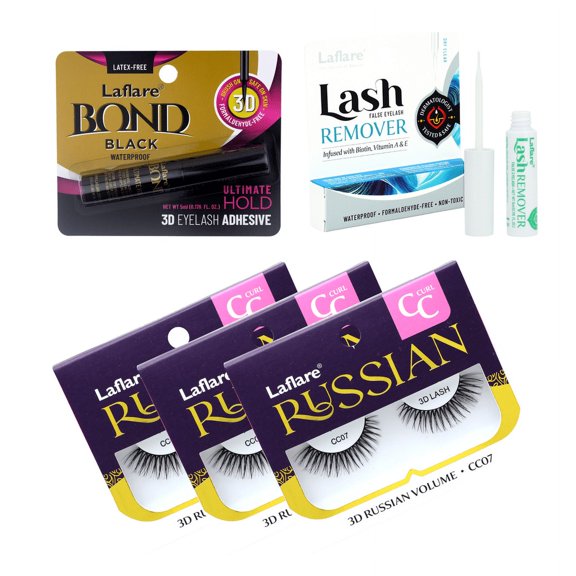 Laflare 3D Russian (MAX) Volume Wispy, Fluffy, Dramatic, Lightweight, Handmade CC Curl Lashes 3 Packs with lash Adhesive and Remover All In One Complete Kit