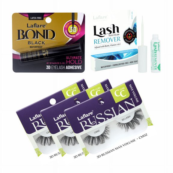 Laflare 3D Russian (MAX) Volume Wispy, Fluffy, Dramatic, Lightweight, Handmade CC Curl Lashes 3 Packs with lash Adhesive and Remover All In One Complete Kit