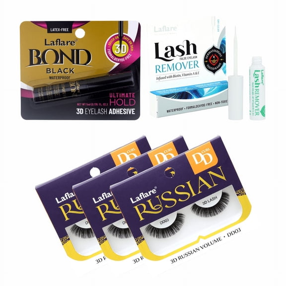 Laflare 3D Russian (MAX) Volume Wispy, Fluffy, Dramatic, Lightweight, Handmade DD Curl Lashes 3 Packs with lash Adhesive and Remover All In One Complete Kit