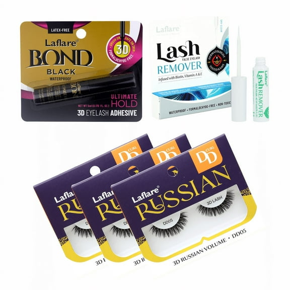 Laflare 3D Russian (MAX) Volume Wispy, Fluffy, Dramatic, Lightweight, Handmade DD Curl Lashes 3 Packs with lash Adhesive and Remover All In One Complete Kit