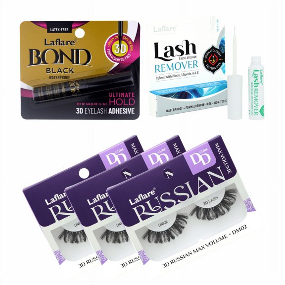 Laflare 3D Russian (MAX) Volume Wispy, Fluffy, Dramatic, Lightweight, Handmade DD Curl Lashes 3 Packs with lash Adhesive and Remover All In One Complete Kit