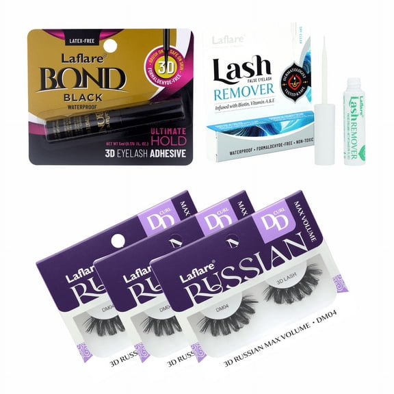 Laflare 3D Russian (MAX) Volume Wispy, Fluffy, Dramatic, Lightweight, Handmade DD Curl Lashes 3 Packs with lash Adhesive and Remover All In One Complete Kit