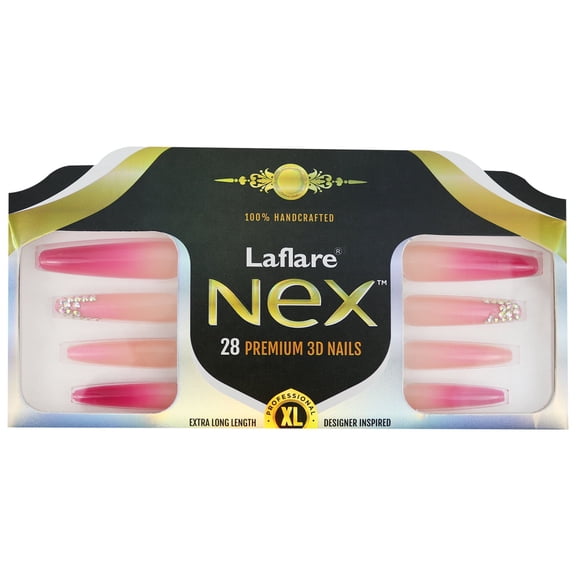 Laflare NEX 5D NAIL XLONG Coffin Length False Nails with Nail Glue, Handcrafted Press-On Nails (Pink Gradient )