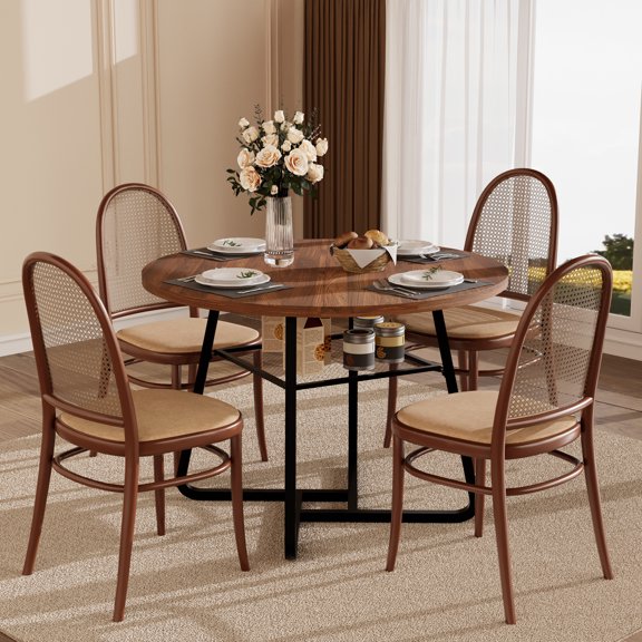 Lafnest 43" Round Dining Table for 4-6 People,Industrial Kitchen Table with Metal Mesh Storage Shelf,Rustic Brown Wood & Black Metal Frame for Dining Room & Living Room,Rustic Brown