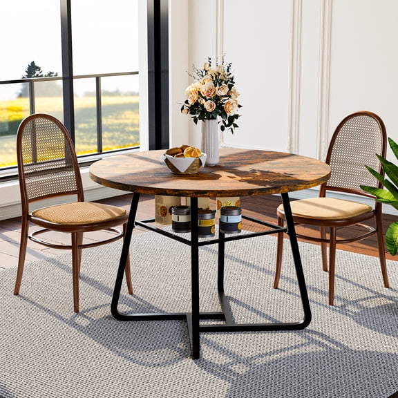 Lafnest 43" Round Dining Table for 4-6 People,Industrial Kitchen Table with Metal Mesh Storage Shelf,Walnut Brown Wood & Black Metal Frame for Dining Room, Living Room