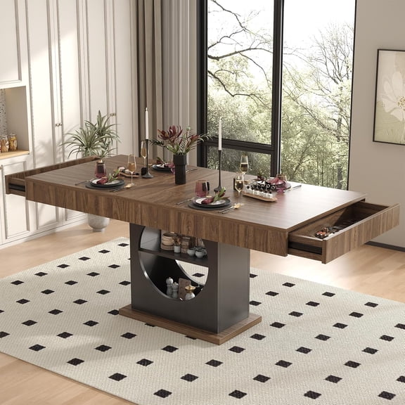 Lafnest 55" Farmhouse Dining Table for 4-6 People with Drawers & Open Storage,Wood Pedestal Base,Black & Walnut