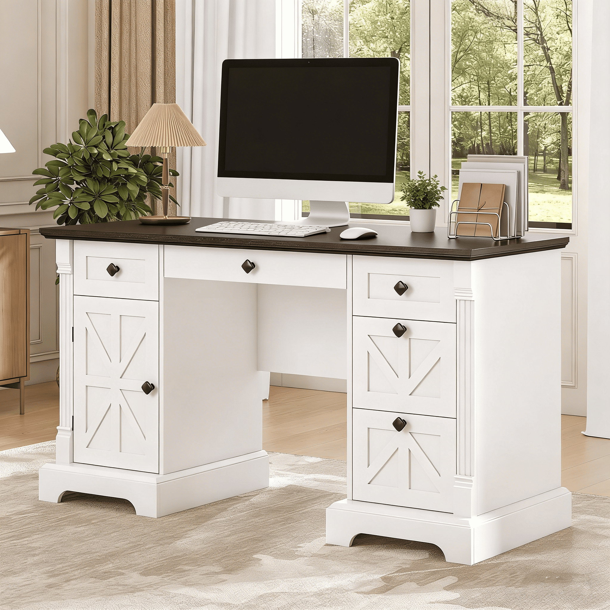 Lafnest 55" Farmhouse Executive Desk with Charging Station,5 Drawers & Hidden File Cabinet for Home Office,White