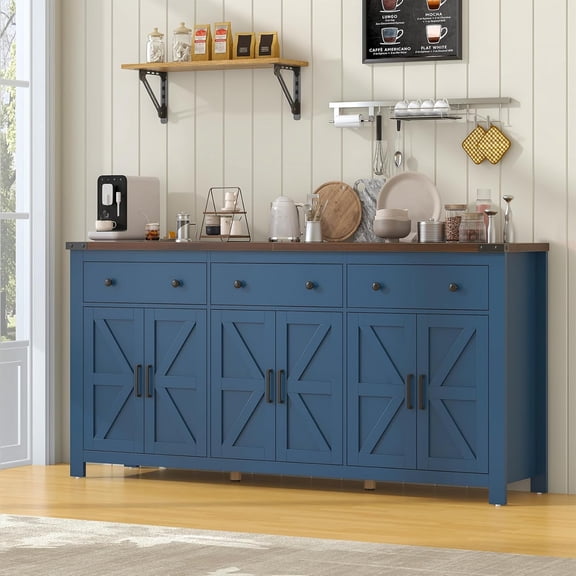 Lafnest 71" Farmhouse Sideboard with 6 Barn Doors & 3 Drawers,Buffet Cabinet for Kitchen & Dining Room,Blue